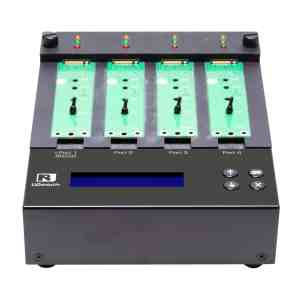 Front view of a NV-BM S Series PCIe M.2 NVMe and M.2 SATA Duplicator and Sanitizer, featuring four green slots labeled Port 1 (Source), Port 2, Port 3, and Port 4, red/green status LEDs, and a blue digital screen with buttons.