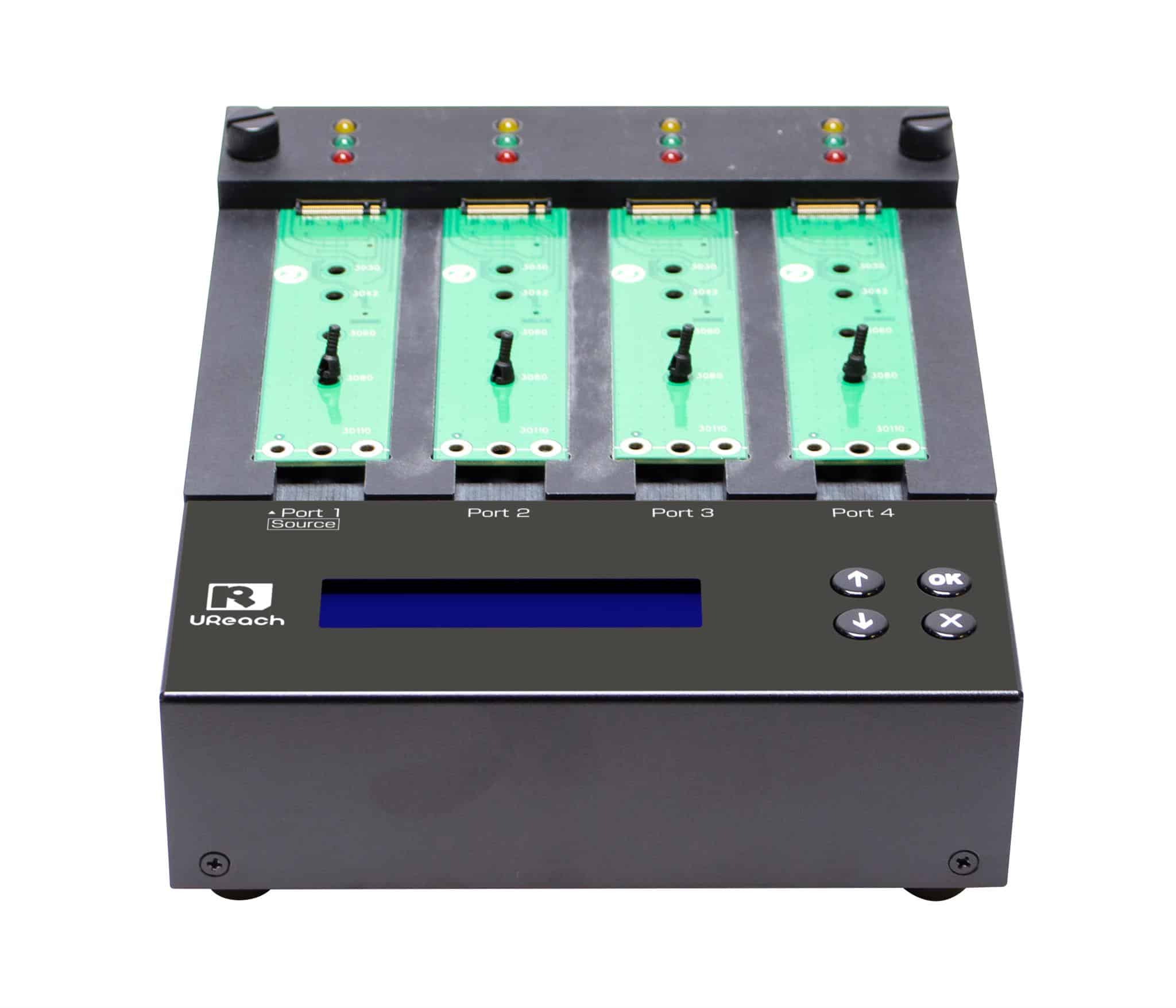 Front view of a NV-BM S Series PCIe M.2 NVMe and M.2 SATA Duplicator and Sanitizer, featuring four green slots labeled Port 1 (Source), Port 2, Port 3, and Port 4, red/green status LEDs, and a blue digital screen with buttons.