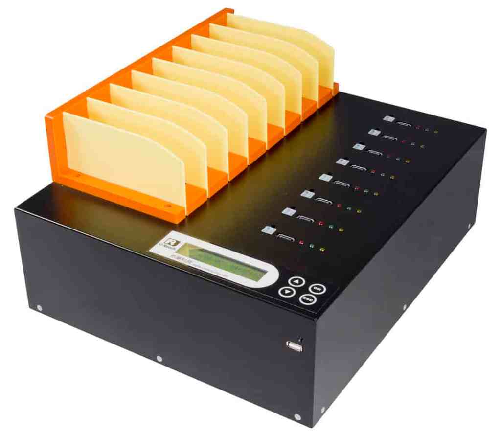 The MT Series SATA/IDE HDD/SSD Duplicator and Sanitizer is a black device with a digital display and front buttons, featuring an orange vertical file organizer with multiple yellow dividers on top.