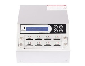 The Intelligent 9 Silver Series Combo SD/MicroSD Memory Card Duplicator and Sanitizer features a digital display, control buttons, and nine slots—perfect for duplicating or sanitizing SD and MicroSD cards efficiently.