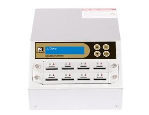 The Intelligent 9 Golden Series Combo SD/MicroSD Memory Card Duplicator and Sanitizer is a white device with a digital display, buttons, and eight card slots with indicator lights—ideal for fast, efficient data transfer and sanitization.