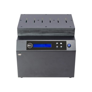 The NV-BM CFX Series CFexpress NIST/DoD Duplicator and Sanitizer 1-5 is a black device with a digital display, buttons, and multiple slots for managing or sanitizing CFexpress memory cards, shown against a white background.