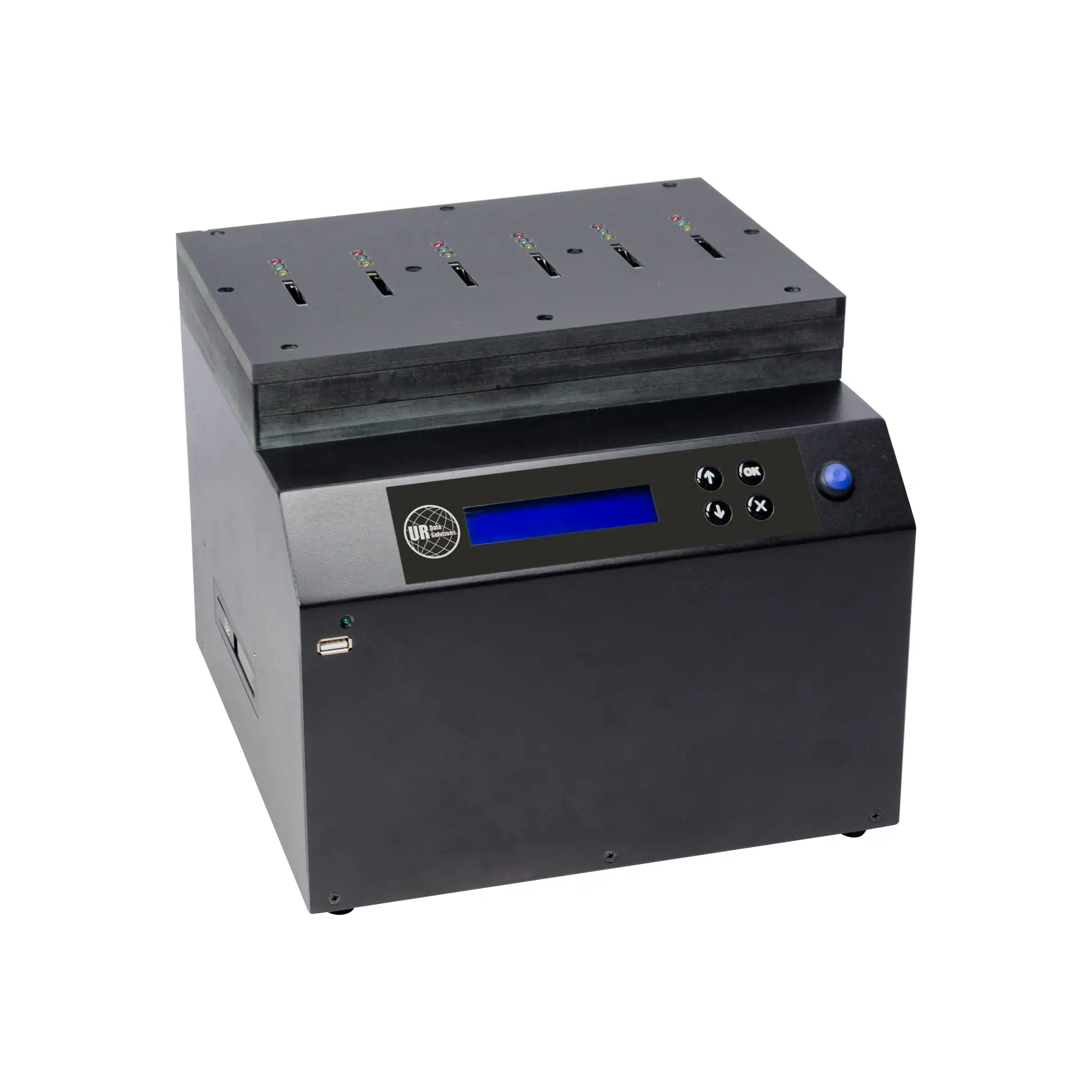 The NV-BM CFX Series CFexpress NIST/DoD Duplicator and Sanitizer 1-5 is a black electronic device with a blue display, control buttons, knob, and multiple card slots on top—resembling an industrial machine.