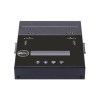 The Mini M.2 Series PCIe M.2 (up to Gen 5) NVMe/SATA, 2.5/3.5 SATA/mSATA/IDE Duplicator and Sanitizer 1-1 features labeled Source/Target lights, a small display, five buttons with navigation arrows and OK, and top slots for easy drive insertion.