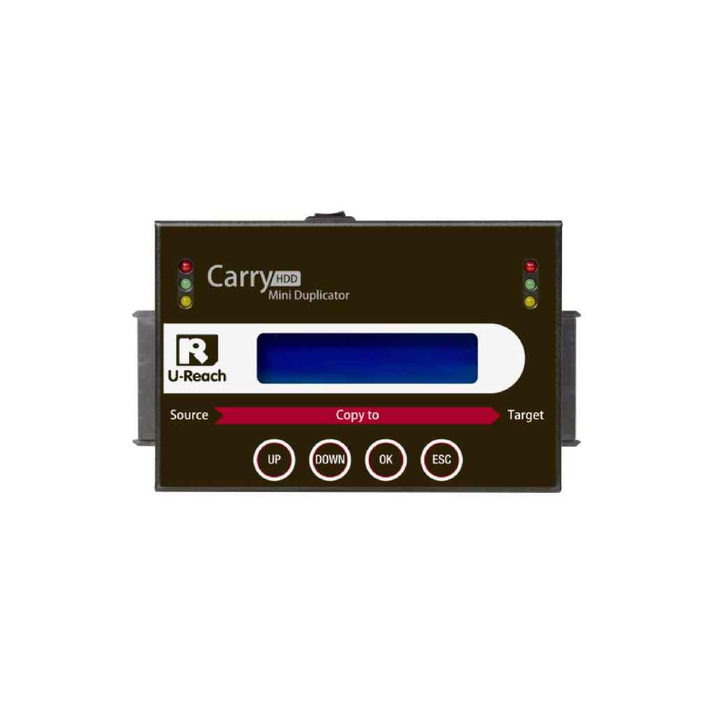 Front view of a Mini SATA Series SATA/IDE HDD/SSD Duplicator and Sanitizer featuring a blue display, UP/DOWN/OK/ESC buttons, and indicator lights for source and target drives.
