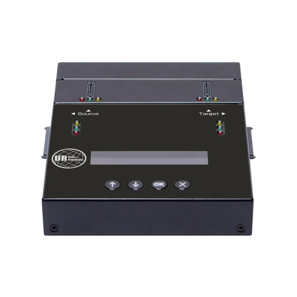 The Mini M.2 Series PCIe M.2 (up to Gen 5) NVMe/SATA, 2.5/3.5 SATA/mSATA/IDE Duplicator and Sanitizer 1-1 features labeled Source/Target lights, a small display, five buttons with navigation arrows and OK, and top slots for easy drive insertion.
