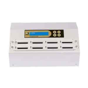 The Intelligent 9 Golden Series CF Memory Card Duplicator and Sanitizer features a digital display, control buttons, and eight slots for duplicating or sanitizing data on multiple memory cards or USB devices simultaneously.