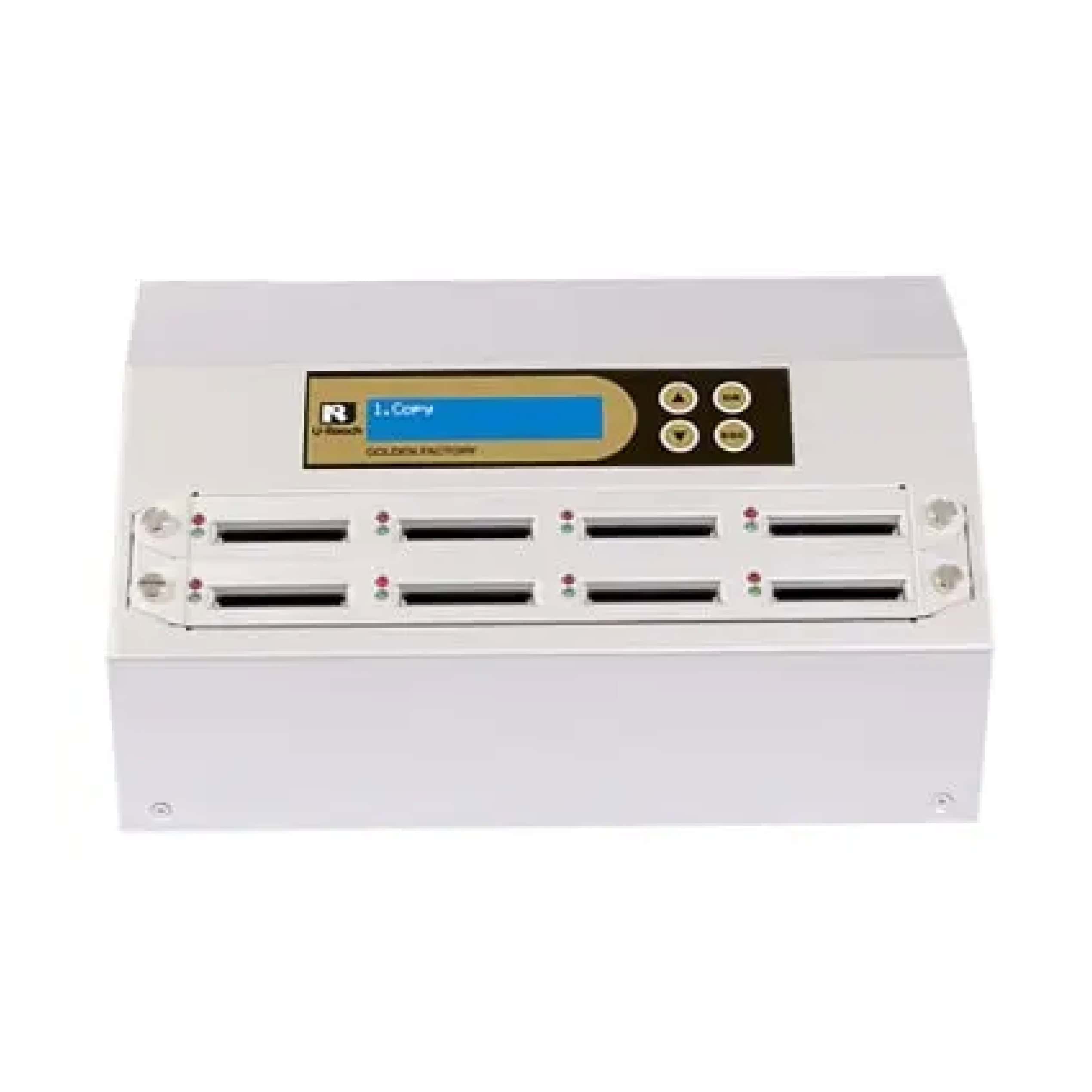 DSC2550_USA (1) The Intelligent 9 Golden Series CF Memory Card Duplicator and Sanitizer features a digital display, control buttons, and eight slots for duplicating or sanitizing data on multiple memory cards or USB devices simultaneously.