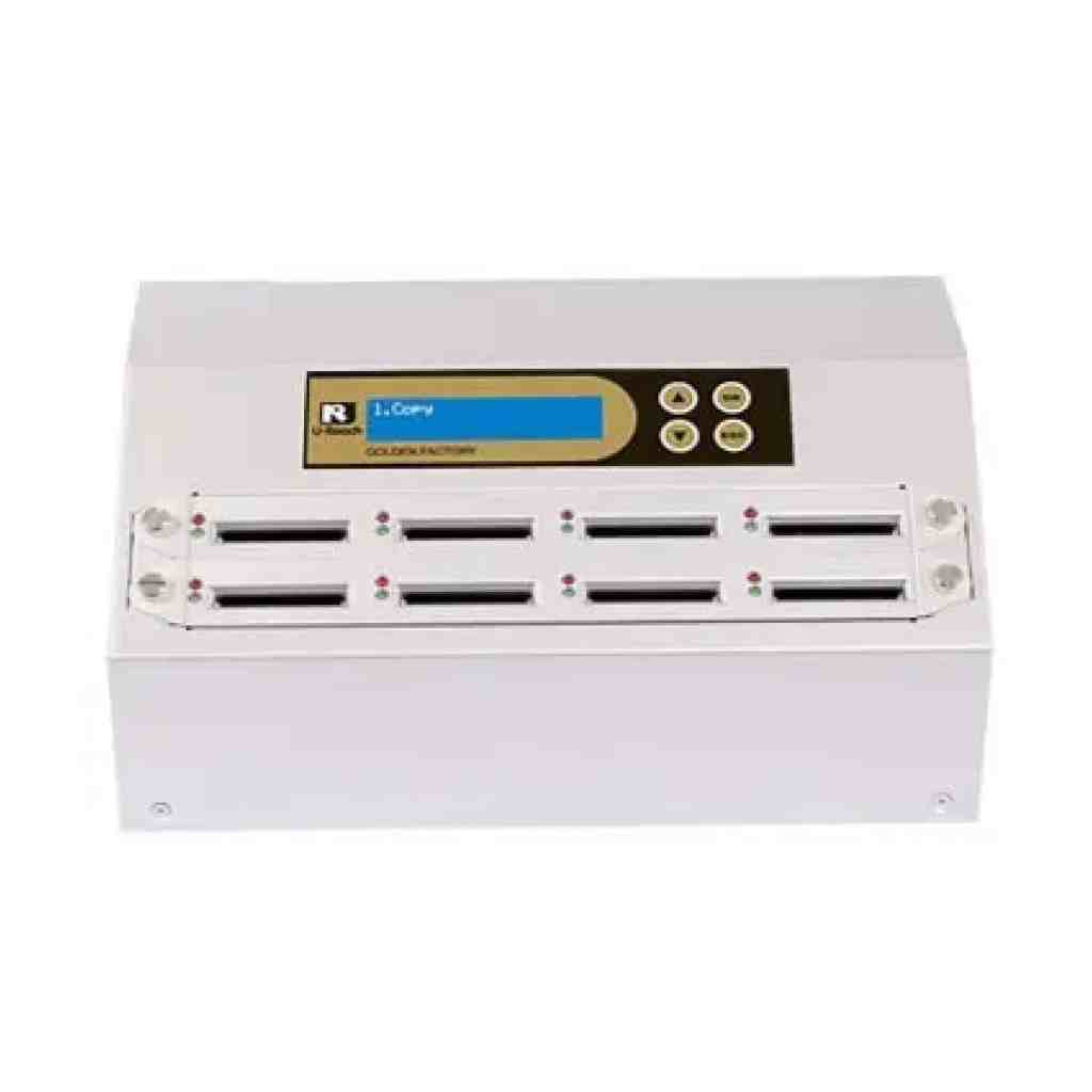 The Intelligent 9 Golden Series CFast Memory Card Duplicator and Sanitizer features a digital display, control buttons, and eight slots for duplicating or sanitizing data on multiple memory cards or USB devices simultaneously.