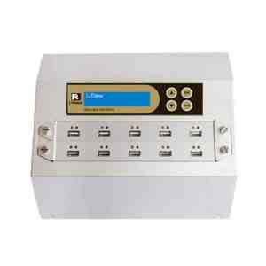 The Intelligent 9 Golden Series USB Duplicator and Sanitizer has a rectangular build with a digital “Copy” display, control buttons, 16 USB ports in two rows, indicator lights above each port, and built-in USB sanitizer functionality.