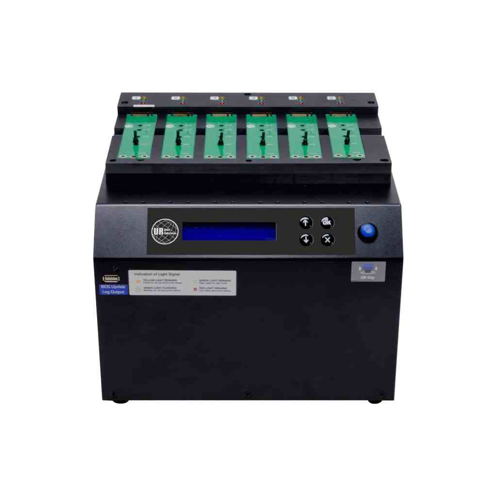 A black electronic testing device with a digital display, four buttons, and six green circuit boards mounted on top, set against a white background.