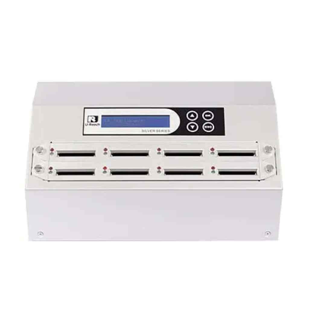 The Intelligent 9 Silver Series CFast Memory Card Duplicator and Sanitizer is a silver device with an LCD display, control buttons, eight indicator-lit card slots, used for duplicating or sanitizing CFast memory cards.
