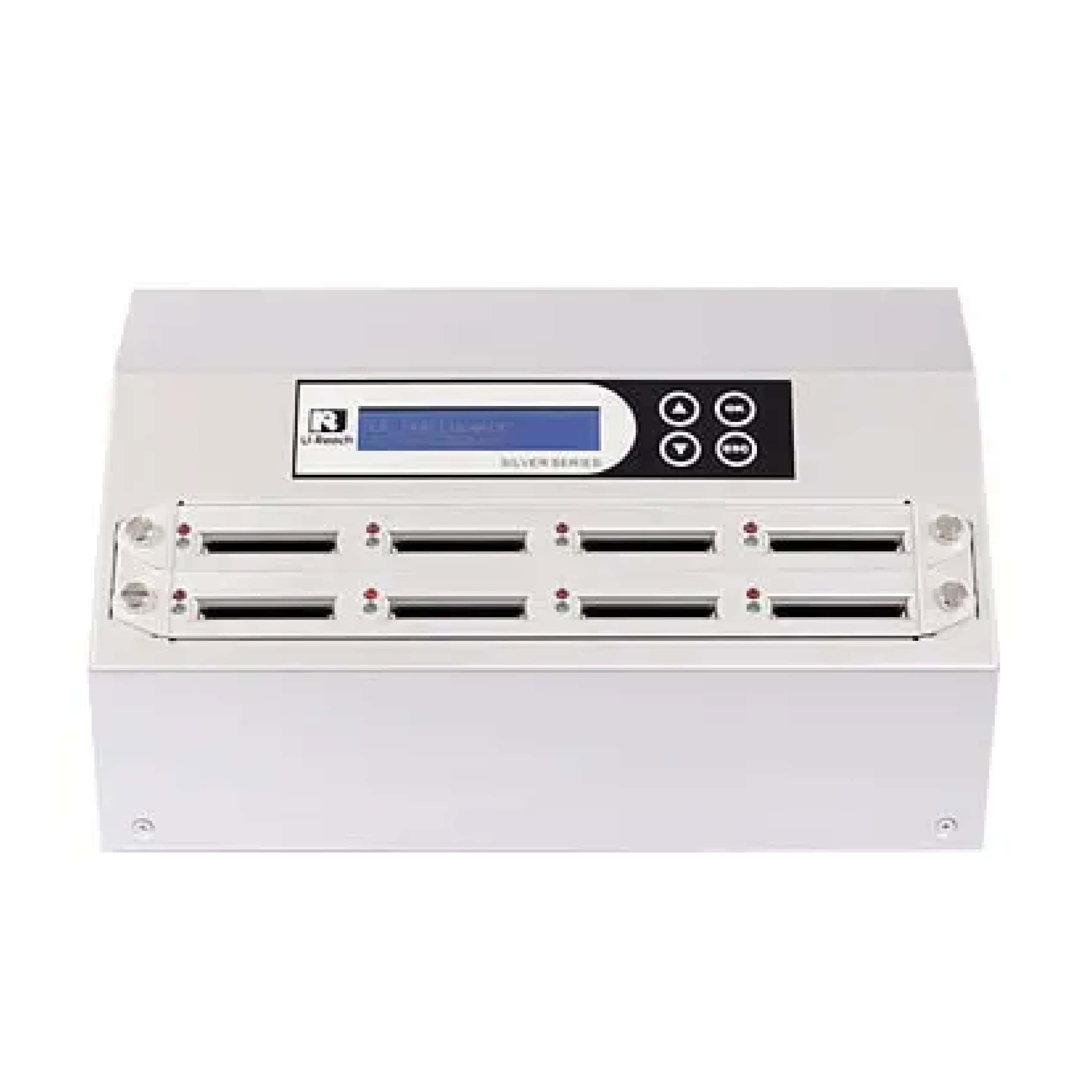 The Intelligent 9 Silver Series CFast Memory Card Duplicator and Sanitizer is a silver device with an LCD display, control buttons, eight indicator-lit card slots, used for duplicating or sanitizing CFast memory cards.