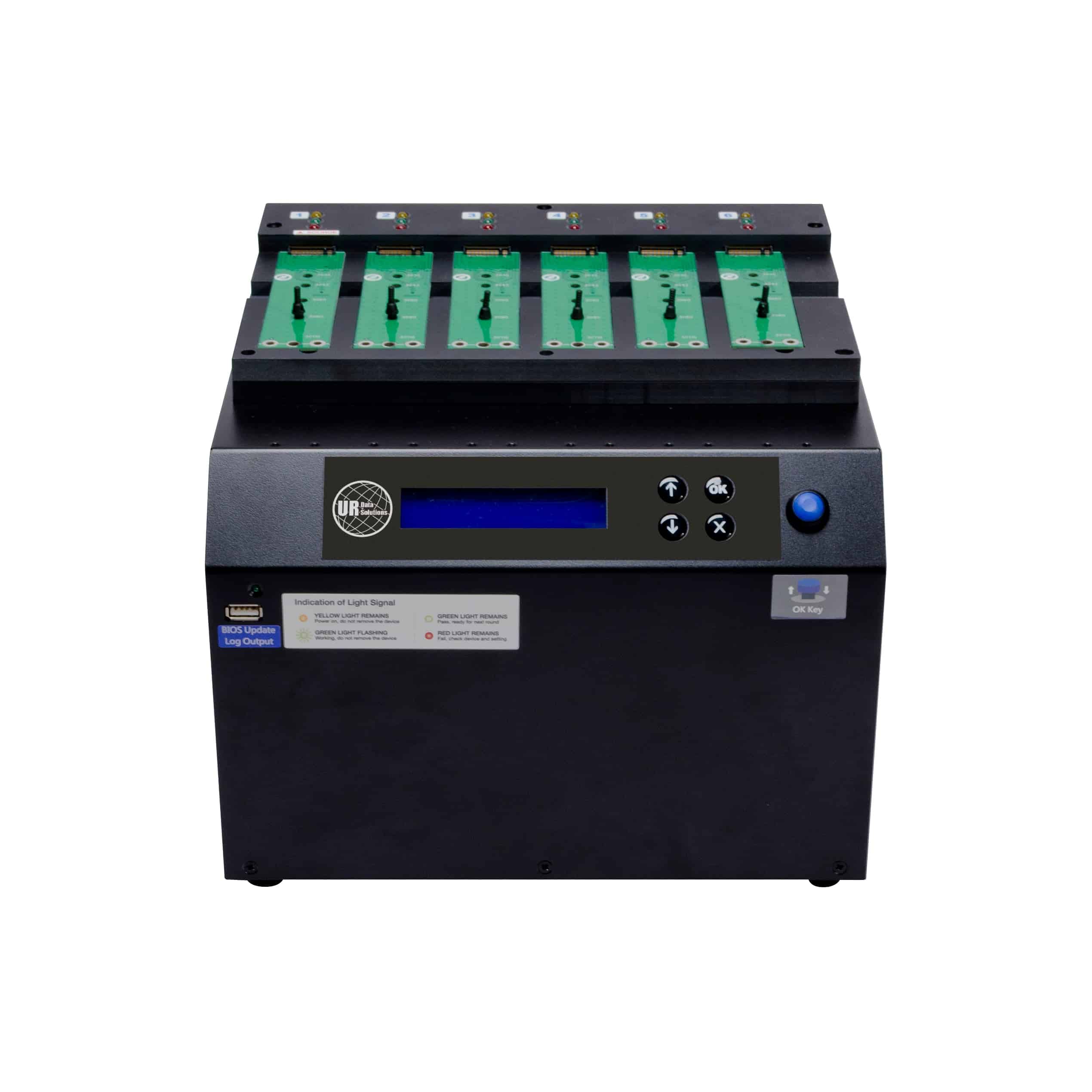 A black electronic testing device with a digital display, four buttons, and six green circuit boards mounted on top, set against a white background.