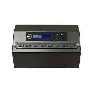 A high-speed black USB duplicator featuring eight USB3.2 ports, a blue digital display screen, and control buttons on the top panel, set against a white background.