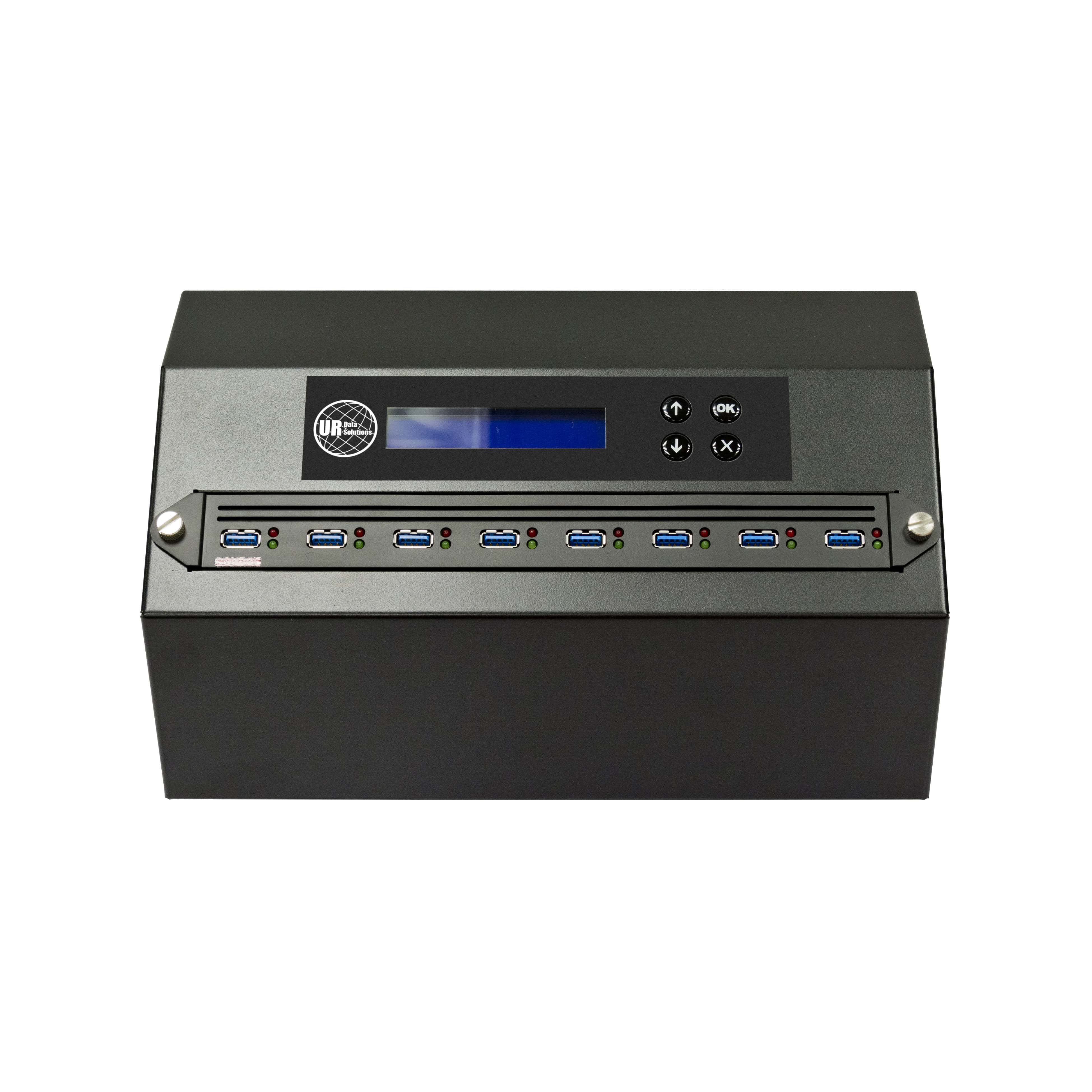 _DSC5098-USA A high-speed black USB duplicator featuring eight USB3.2 ports, a blue digital display screen, and control buttons on the top panel, set against a white background.