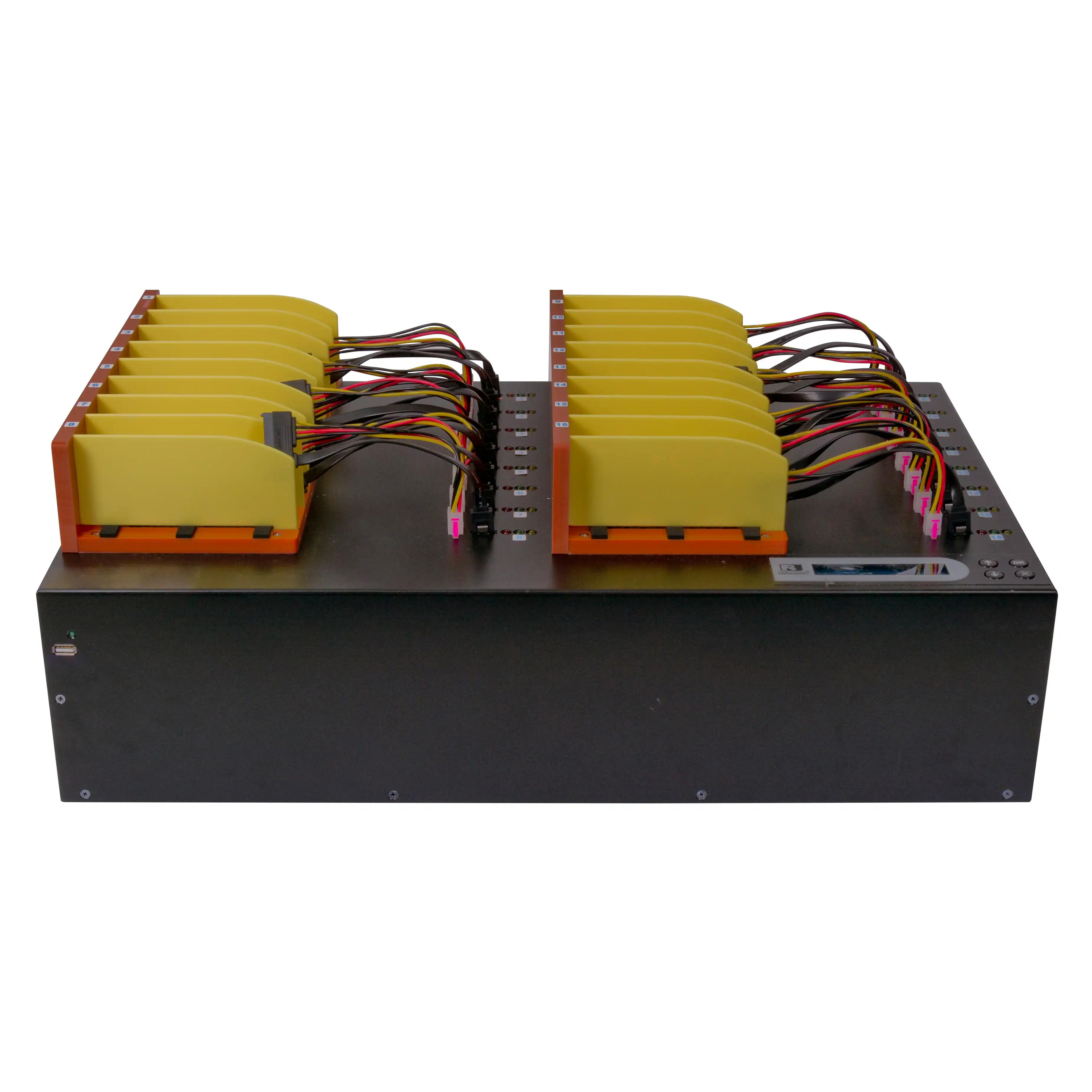The MTC Series SATA/IDE HDD/SSD Daisy-Chain High Speed Duplicator and Sanitizer 1-15 is a black rectangular unit featuring two rows of yellow modules connected by colorful wires, designed for efficient data duplication and sanitization.