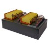 The MTC Series SATA/IDE HDD/SSD Daisy-Chain High Speed Duplicator and Sanitizer 1-15 is a black rectangular device featuring multiple yellow battery packs in two rows, each linked by colorful cables to front ports, resembling an advanced duplicator system.