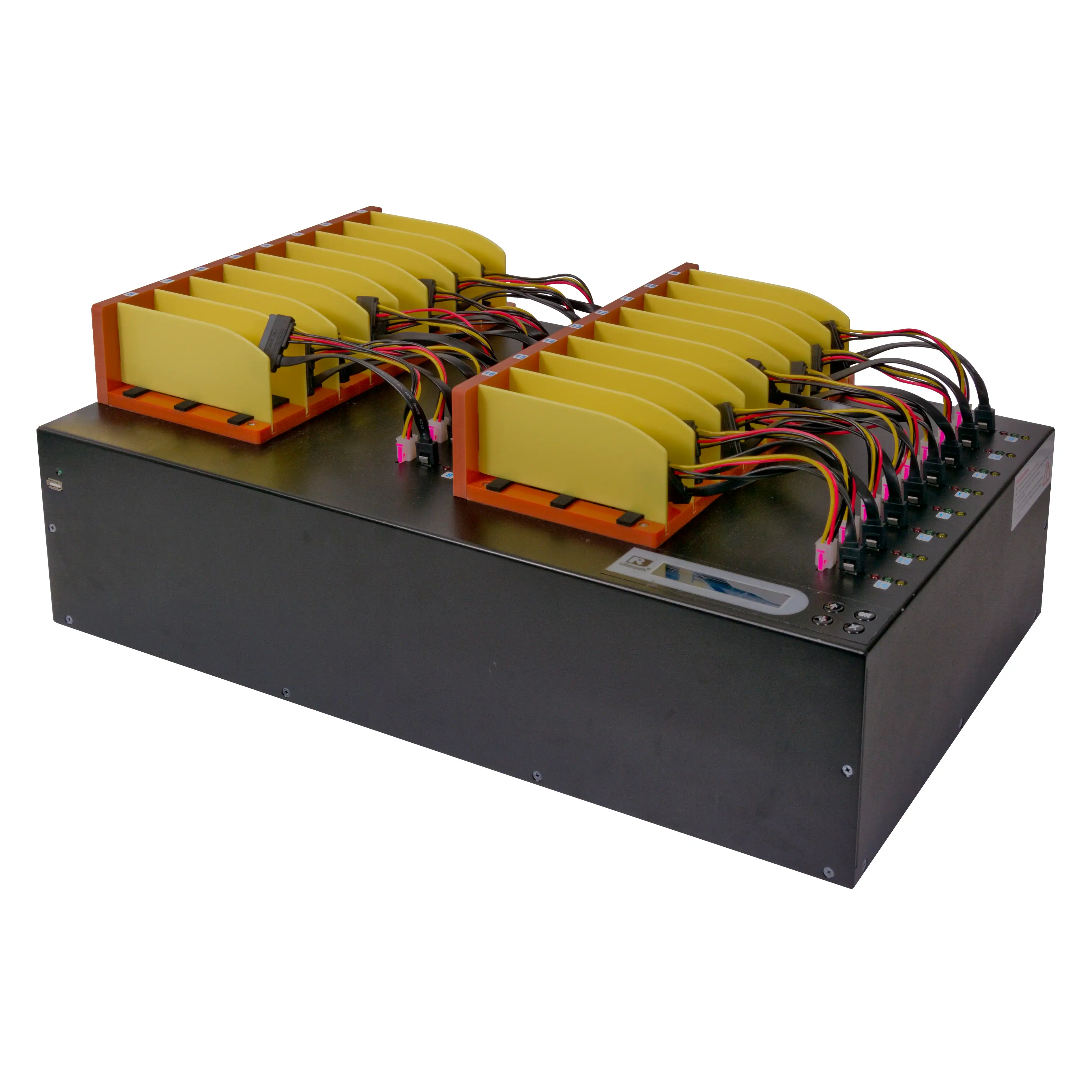 The MTC Series SATA/IDE HDD/SSD Daisy-Chain High Speed Duplicator and Sanitizer 1-15 is a black rectangular device featuring multiple yellow battery packs in two rows, each linked by colorful cables to front ports, resembling an advanced duplicator system.