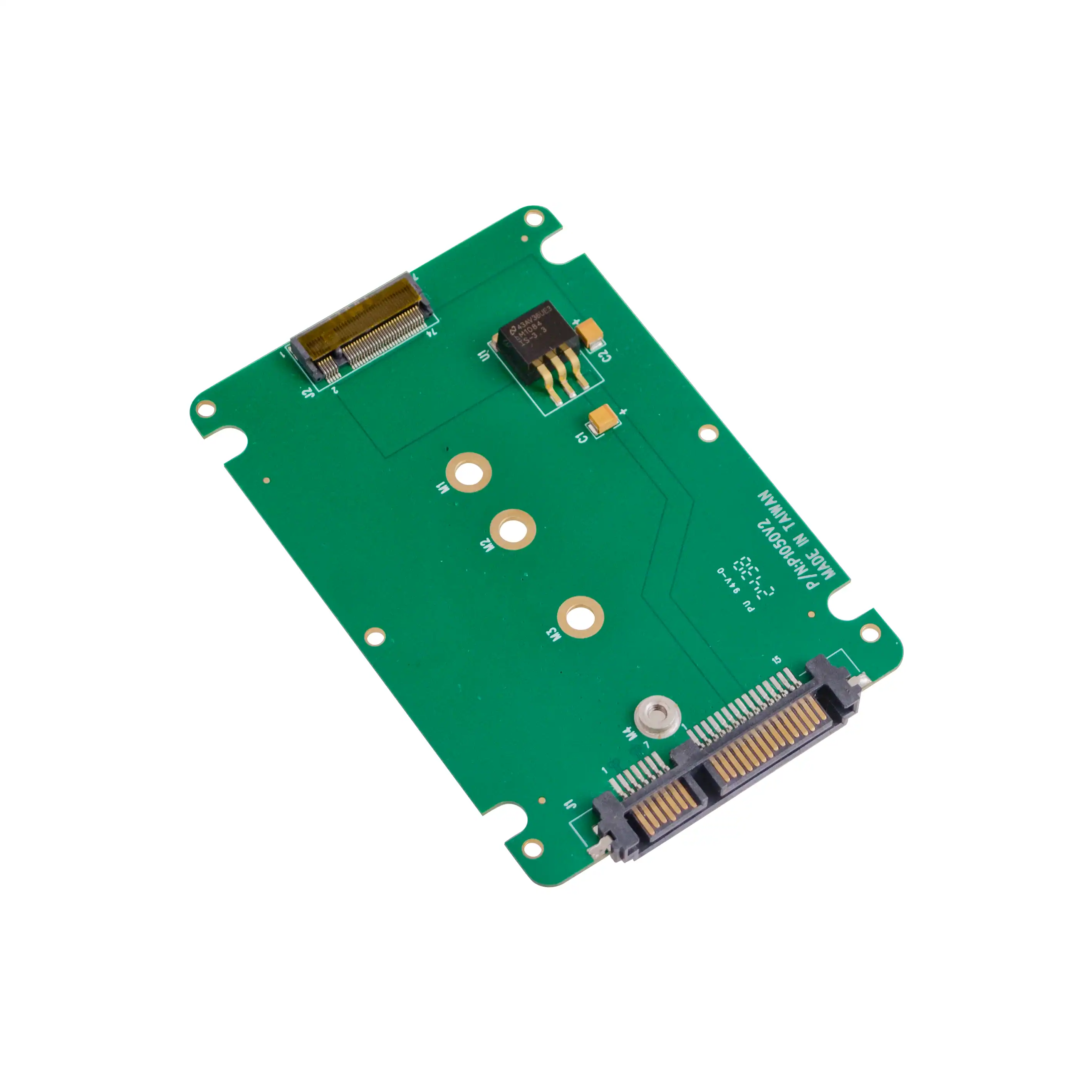 The U-Reach SATA M.2 to SATA Adapter features a green PCB with exposed electronic components, gold solder points, and a SATA M.2 connector on one end, displayed on a white background.