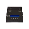 The Mini M.2 Series 1-1 duplicator and sanitizer features black housing, two labeled card slots (Source/Target), indicator lights, a blue display, and navigation buttons. Supports M.2/U.2/U.3 NVMe/SATA/SAS and 3.5/2.5 SATA/SAS drives; shown on white background.