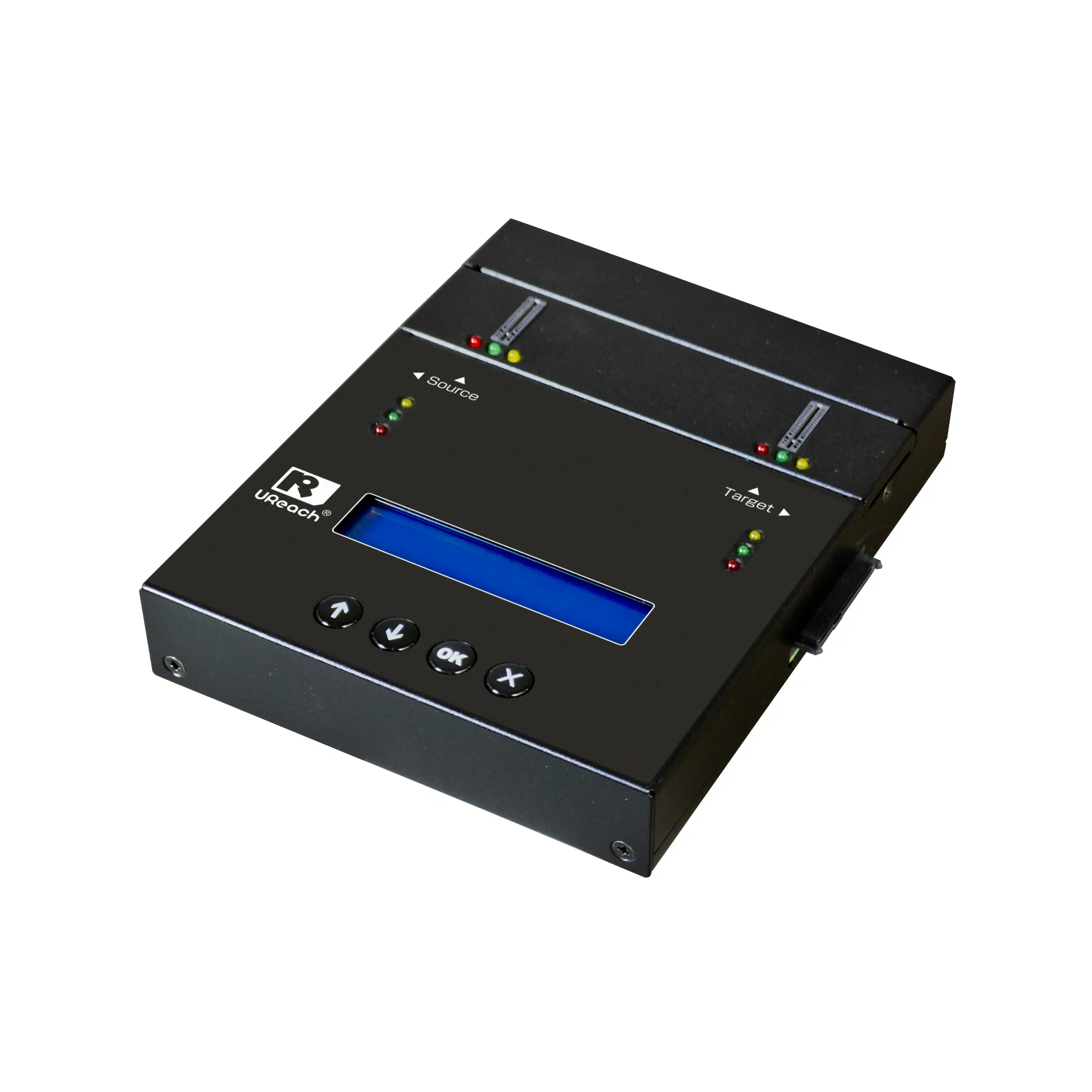 A black Mini M.2 Series Duplicator and Sanitizer (supports M.2, U.2/U.3 NVMe/SATA/SAS, 3.5/2.5 SATA/SAS) with a blue display, four round buttons, labeled lights, and Source/Target ports; URonics logo visible—ideal for cloning or sanitizing drives.