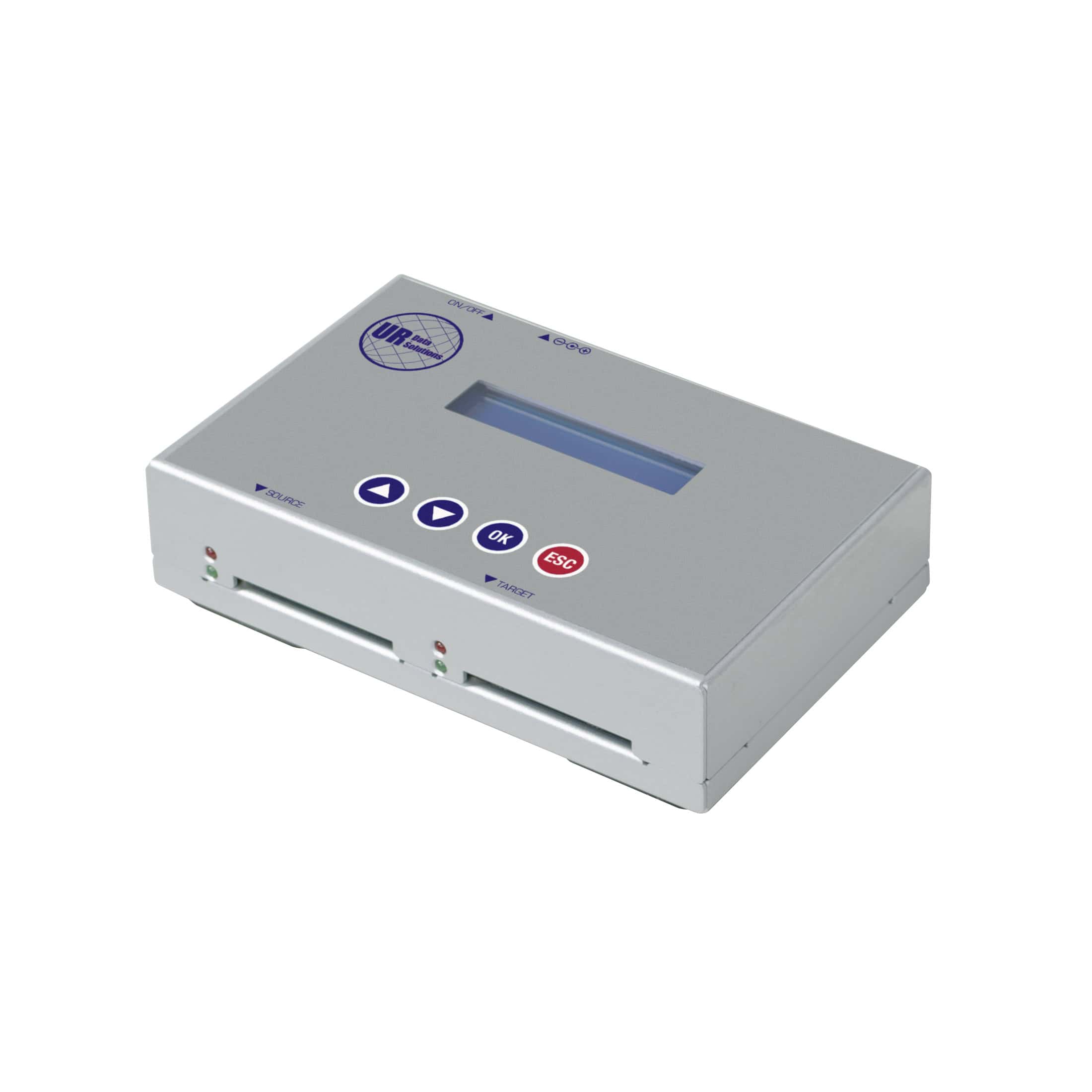 The U-Reach 1 to 1 Portable CF Memory Card Duplicator and Sanitizer is a rectangular device with a display, arrow buttons, OK and ESC labels, and two front card slots, shown on a white background.