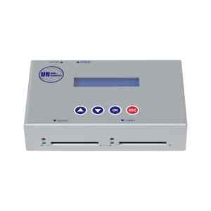 The U-Reach 1 to 1 Portable CF Memory Card Duplicator and Sanitizer is a rectangular device with a display, four control buttons (arrow, OK, ESC), and two card slots at the bottom. UR is labeled on the top left corner.