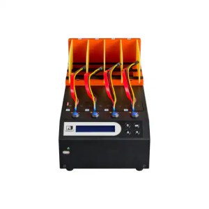 The MTS-SASN Series SATA/SAS HDD/SSD Duplicator and Sanitizer is a black device with four vertical slots, each holding red and yellow cables, plus a digital display with buttons on the front panel, set against a plain white background.