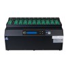 A black electronic device with a row of green circuit boards on top, a digital display, and several buttons and labels on the front panel, this Duplicator and Sanitizer is likely used for testing or programming circuits.