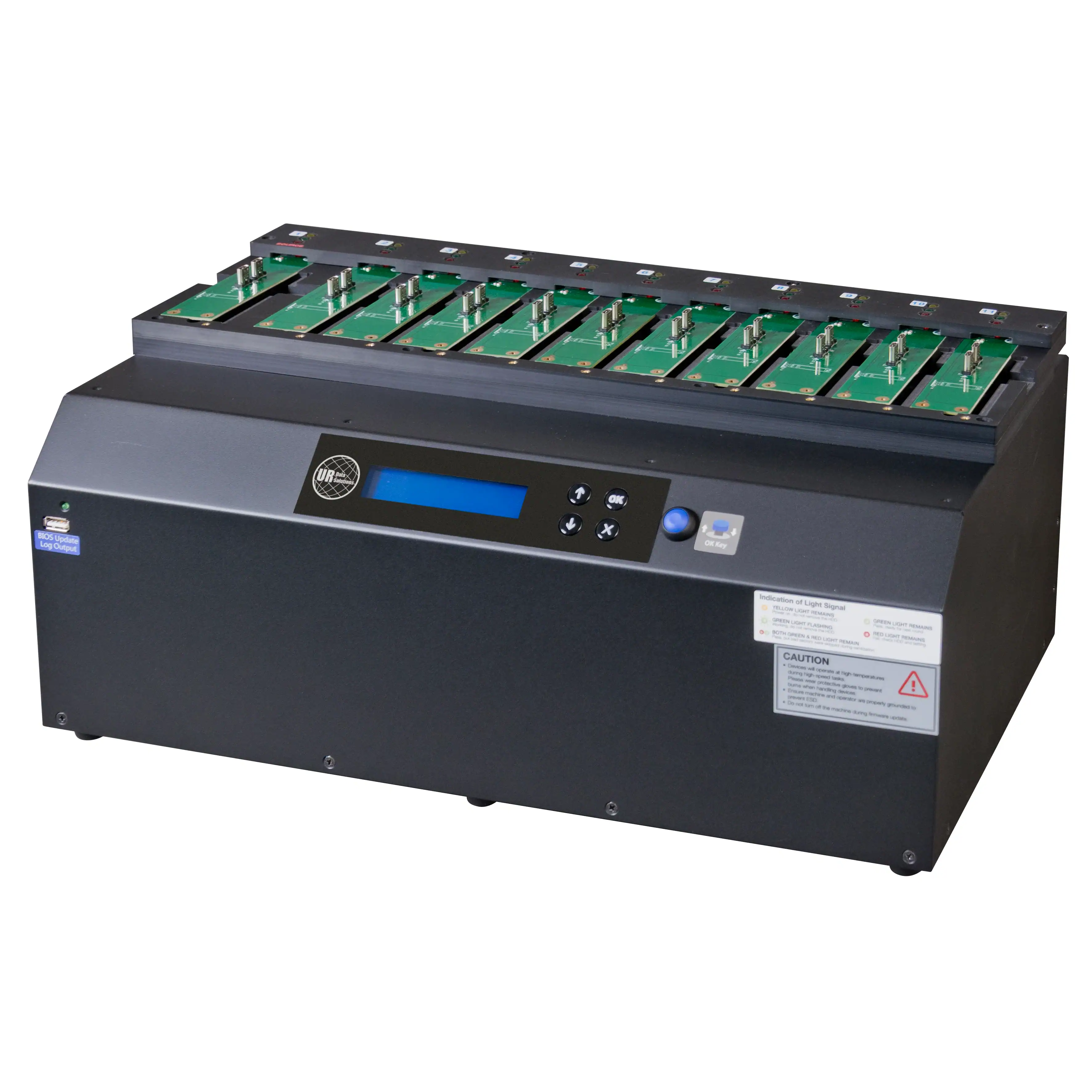 A black duplicator and sanitizer device features multiple green circuit boards with connectors on top, a blue digital display, control buttons, and labels on the front panel, making it ideal for B360 NIST compliance.