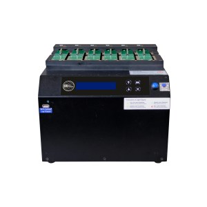 A black NV-BM DUC Series GETAC K120 & B360 NIST/DoD Duplicator and Sanitizer with green circuit boards on top, control buttons, display screen, and instruction labels on the front panel, isolated on a white background.
