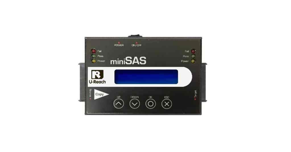 The black Mini SAS Series SATA/SAS HDD/SSD Duplicator and Sanitizer 1-1 features a digital blue screen, labeled buttons, status lights (Fail, Pass, Power), a Power On/Off switch—ideal for duplicating or sanitizing drives. Shown on a white background.