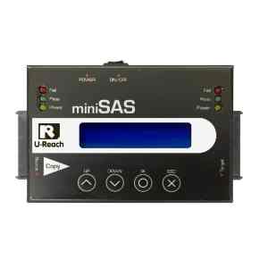 The black Mini SAS Series SATA/SAS HDD/SSD Duplicator and Sanitizer 1-1 features a digital blue screen, labeled buttons, status lights (Fail, Pass, Power), a Power On/Off switch—ideal for duplicating or sanitizing drives. Shown on a white background.