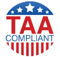 A circular badge with blue and white stars on top, red TAA in large letters, and COMPLIANT in blue below. The bottom features red and white stripes, resembling the U.S. flag.