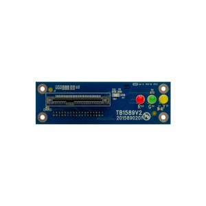 The U-Reach U.2 Socket–NVMe/SATA Protocol is a blue electronic circuit board labeled TB1589V2 with a U.2 card slot, multiple pins, three LED indicators (green, yellow, red) in a row, and four corner mounting holes.