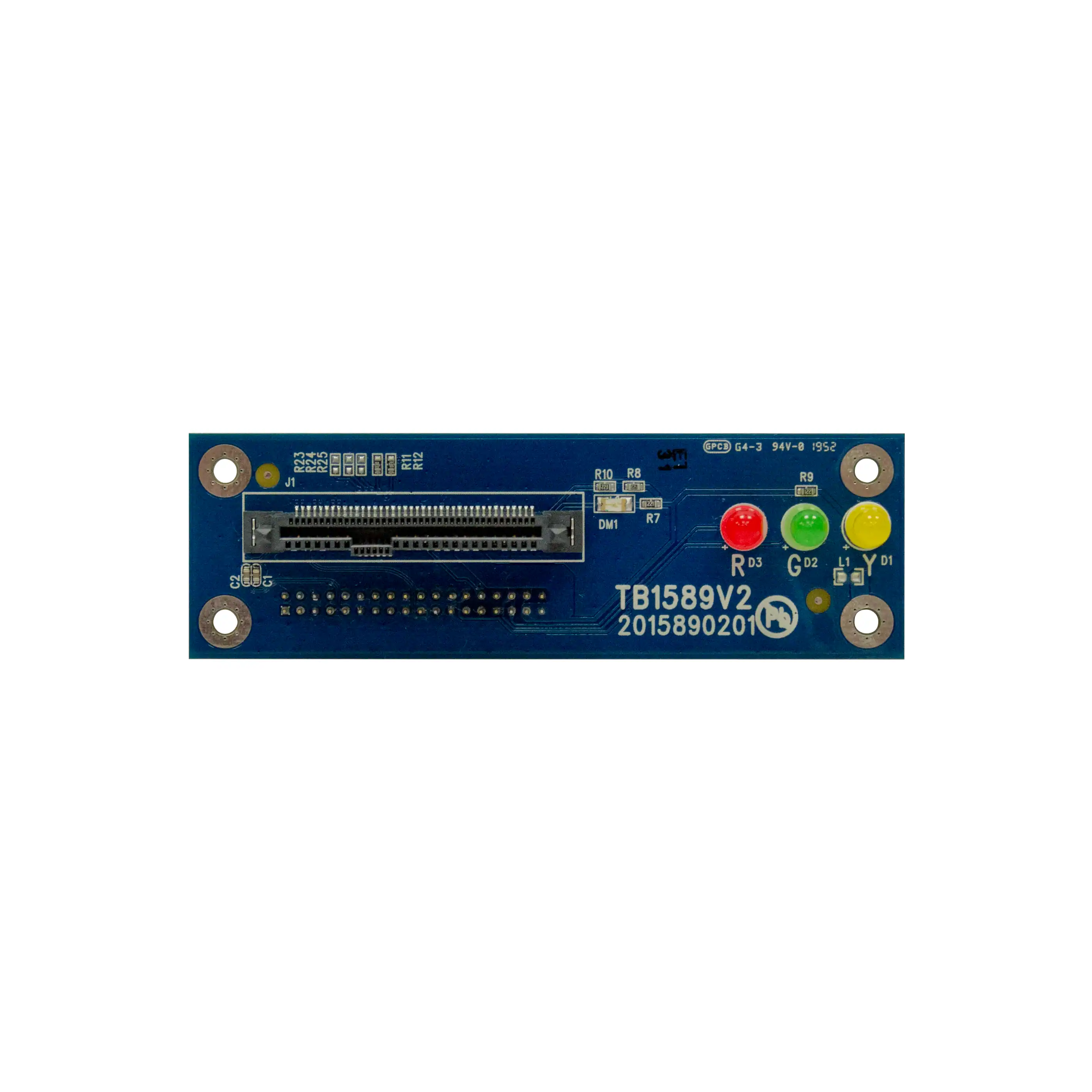 The U-Reach U.2 Socket–NVMe/SATA Protocol is a blue electronic circuit board labeled TB1589V2 with a U.2 card slot, multiple pins, three LED indicators (green, yellow, red) in a row, and four corner mounting holes.