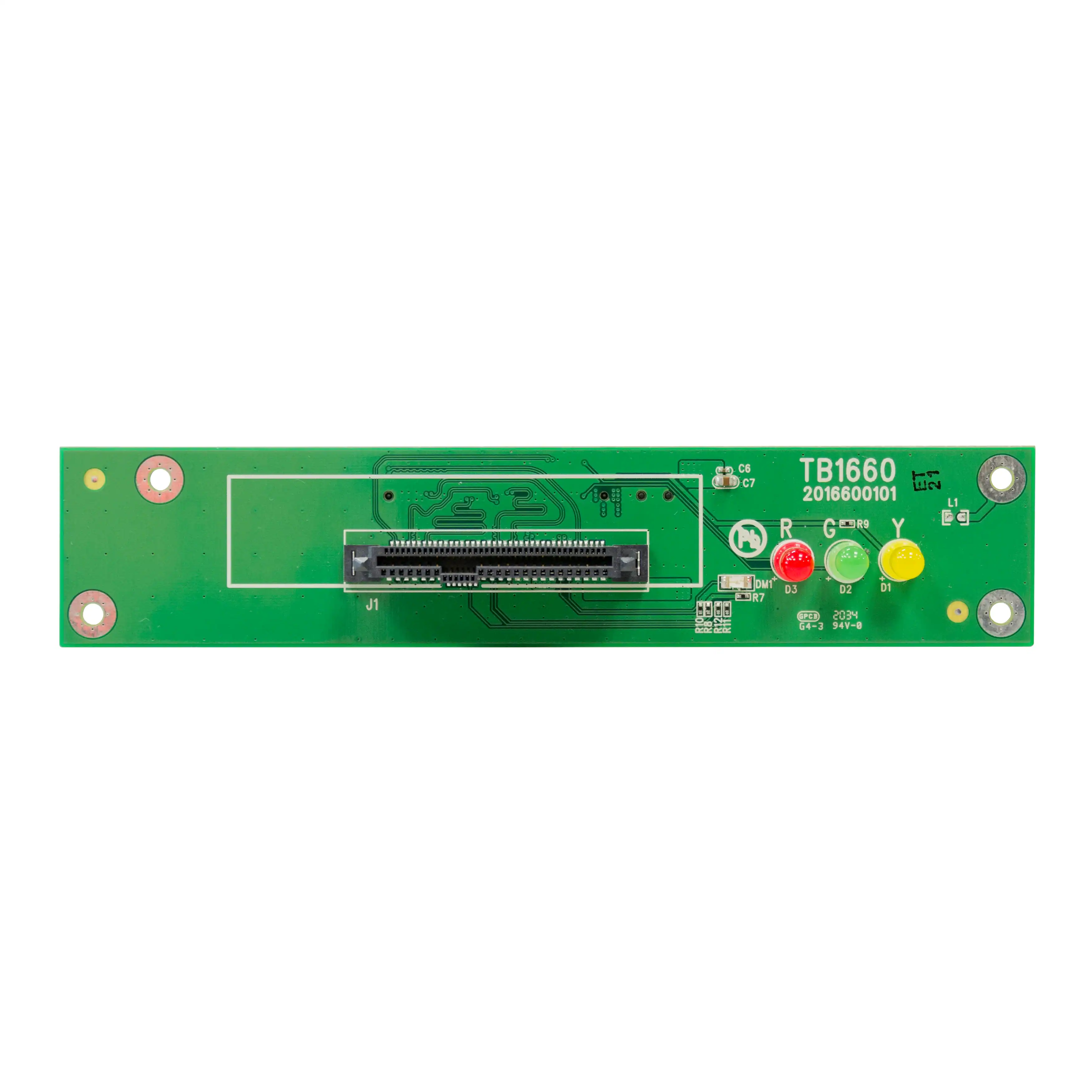 A green U-Reach U.2 Socket-NVMe/SATA Protocol board for high speed series, labeled TB1660, has a central black connector slot, four right-side LEDs (yellow/red/green/yellow), and mounting holes at each corner.