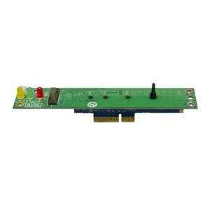 A U-Reach NVBM Series - M.2 NVMe Socket featuring a green PCB, PCIe connector, yellow/red/green LED indicators, a black toggle switch, and various components for M.2 NVMe devices is shown on a white background.