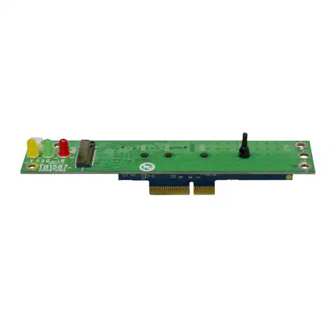 A U-Reach NVBM Series - M.2 NVMe Socket featuring a green PCB, PCIe connector, yellow/red/green LED indicators, a black toggle switch, and various components for M.2 NVMe devices is shown on a white background.