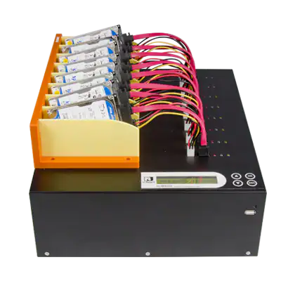 hdd-duplicator-u-reach-1-to-7-mt-series-hdd-ssd-duplicator-and-sanitizer-2_1024x1024 The MT Series SATA/IDE HDD/SSD Duplicator and Sanitizer is a black electronic device with colorful cables, a small front display with buttons, and multiple hard drives arranged neatly in an orange tray.