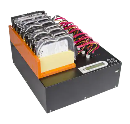 hdd-duplicator-u-reach-1-to-7-mt-series-hdd-ssd-duplicator-and-sanitizer-3_1024x1024 The MT Series SATA/IDE HDD/SSD Duplicator and Sanitizer features a black body, multiple silver drives in a row, colorful power and data cables, and a digital display with control buttons on the top right corner.