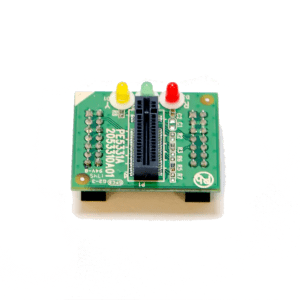 A compact green U-Reach M.2 NVMe Socket for Mini M.2 Series features a black slot, yellow and red LEDs, various circuitry, pins, and white alphanumeric markings.