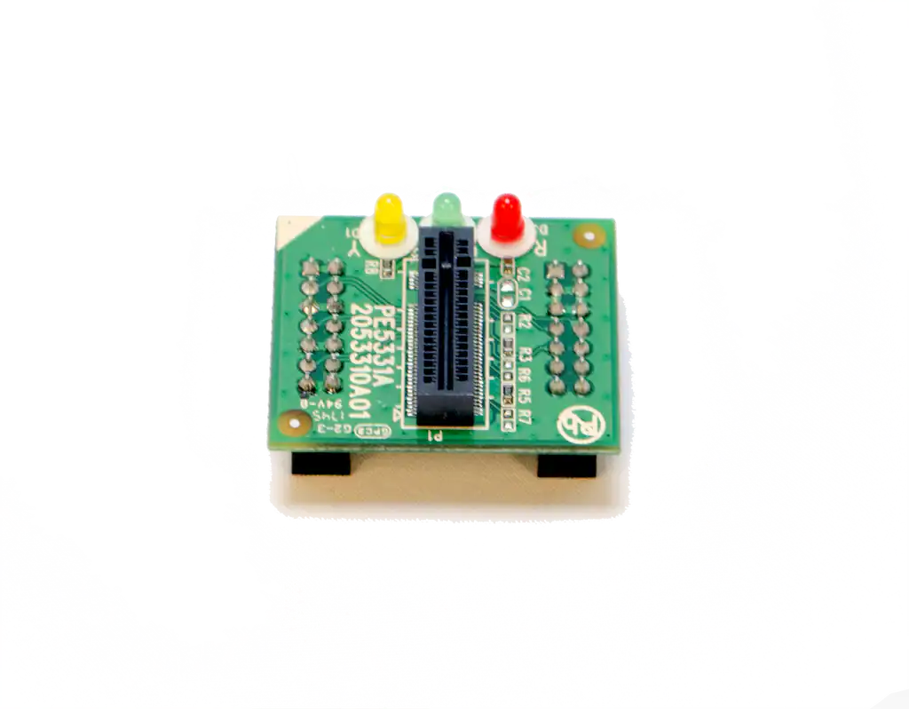 A compact green U-Reach M.2 NVMe Socket for Mini M.2 Series features a black slot, yellow and red LEDs, various circuitry, pins, and white alphanumeric markings.