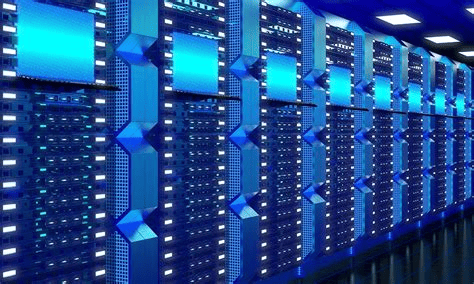 Rows of blue-lit server racks in a modern data center showcase high-capacity SSD and HDD mass storage, with numerous rectangular units and blinking indicator lights. The environment appears clean, organized, and high-tech.