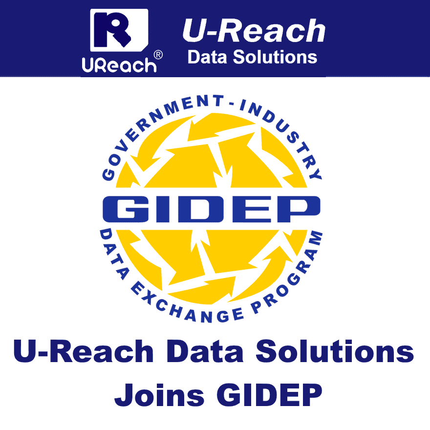U-Reach Data Solutions logo and text announce the company has joined the Government-Industry Data Exchange Program (GIDEP), with both logos featured prominently.