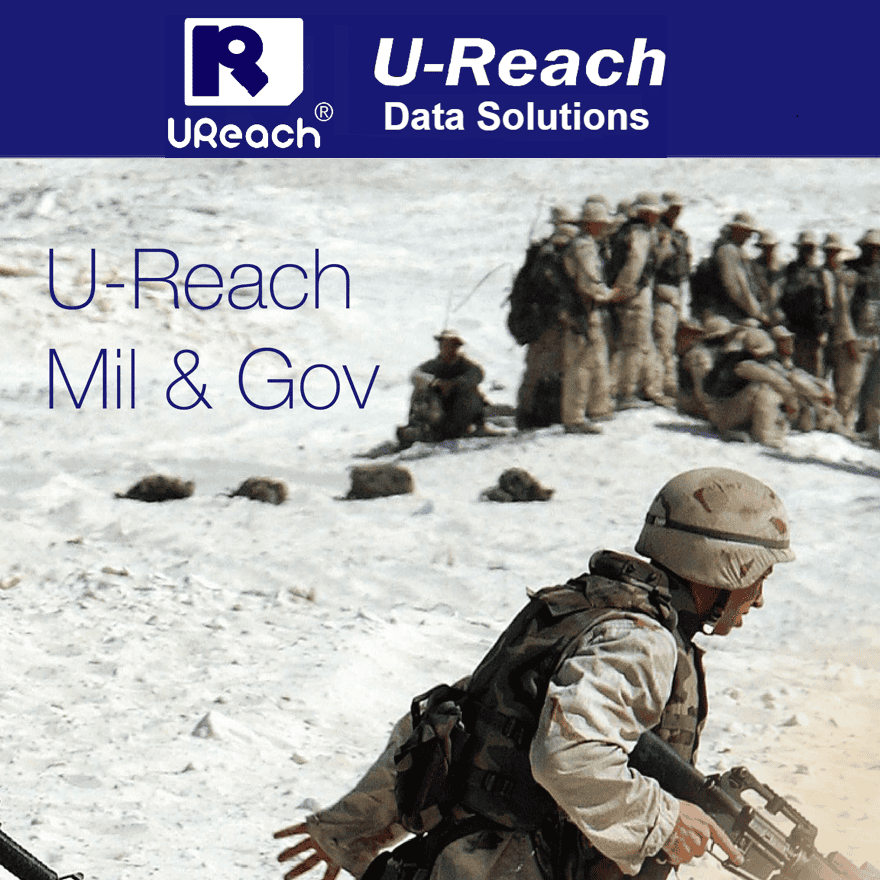 A group of US military soldiers in gear is positioned in a sandy environment. In the foreground, a soldier crouches while others stand in the background. The image features U-Reach Data Solutions branding and highlights data duplication solutions.