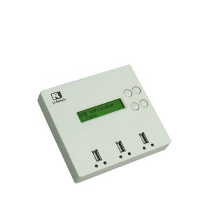 The U-Reach 1 to 2 Portable USB Duplicator and Sanitizer is a white device with an LCD screen, four round buttons, and three front USB ports labeled 1 to 3. The screen displays: USB Duplicator 1. Copy.