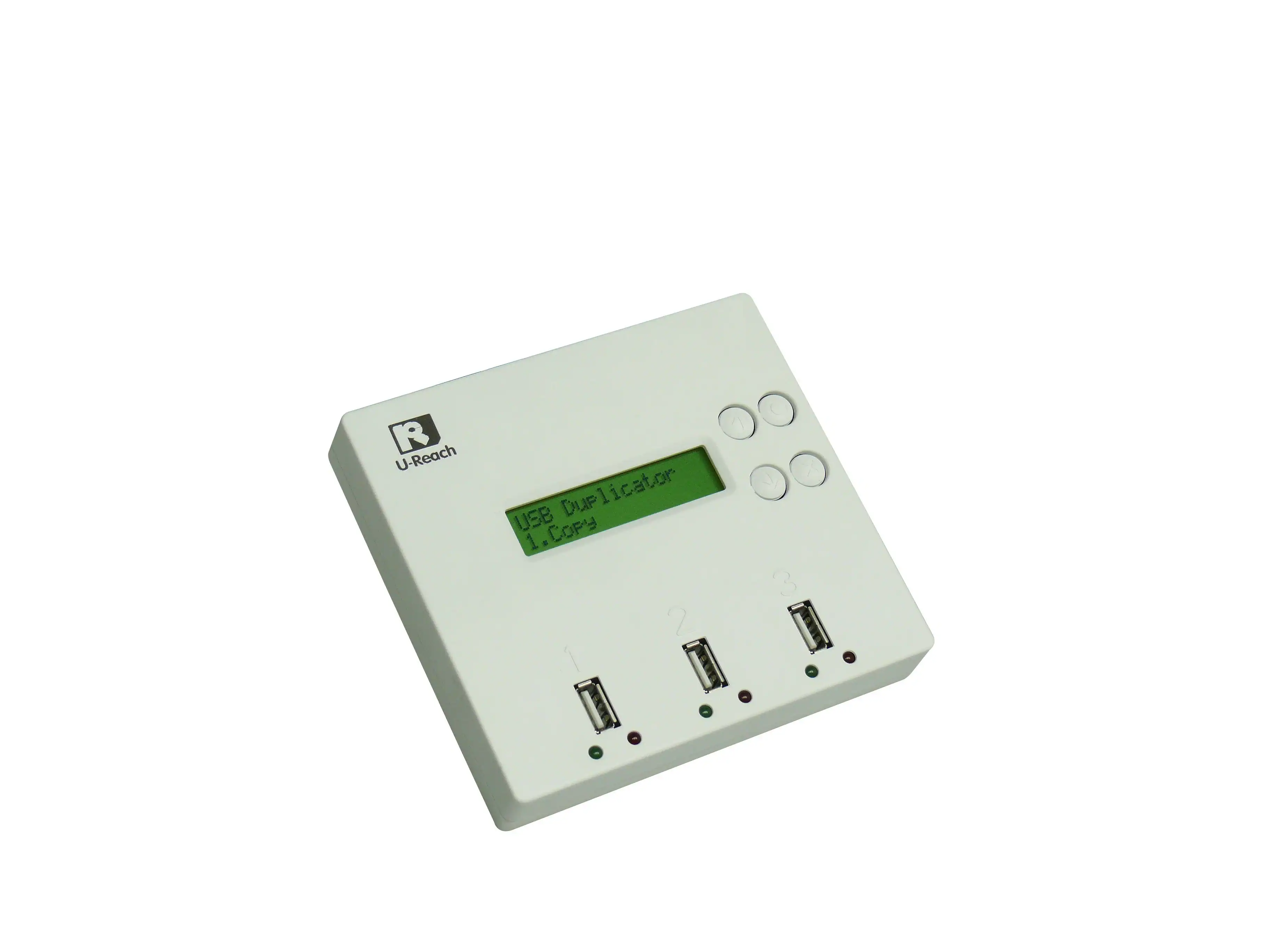 usb-duplicator-u-reach-usb-1-2-portable-copier-mini-series-1 The U-Reach 1 to 2 Portable USB Duplicator and Sanitizer is a white device with an LCD screen, four round buttons, and three front USB ports labeled 1 to 3. The screen displays: USB Duplicator 1. Copy.