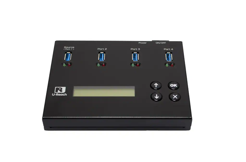 The U-Reach 1 to 3 Portable USB3.2 USB Duplicator and Sanitizer features four labeled USB ports, indicator lights, an LCD screen, and control buttons—offering fast and portable data copying or sanitizing.